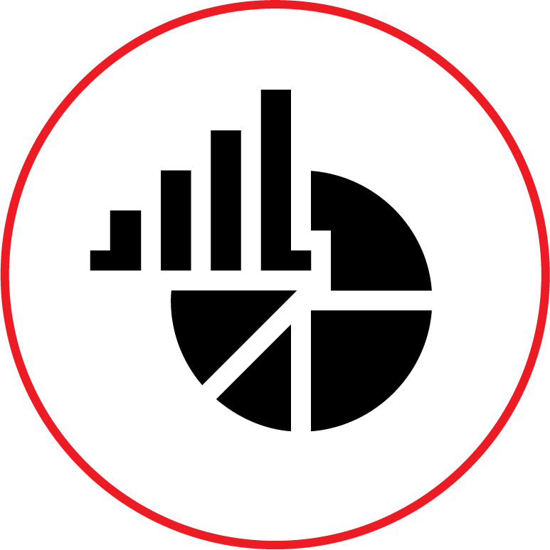 Icon of a pie chart with overlapping raising bar chart on the top left corner.